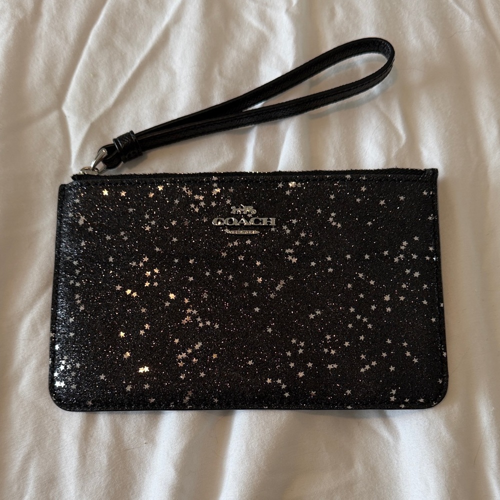 Coach Black Glitter Star Wristlet with Silver Logo